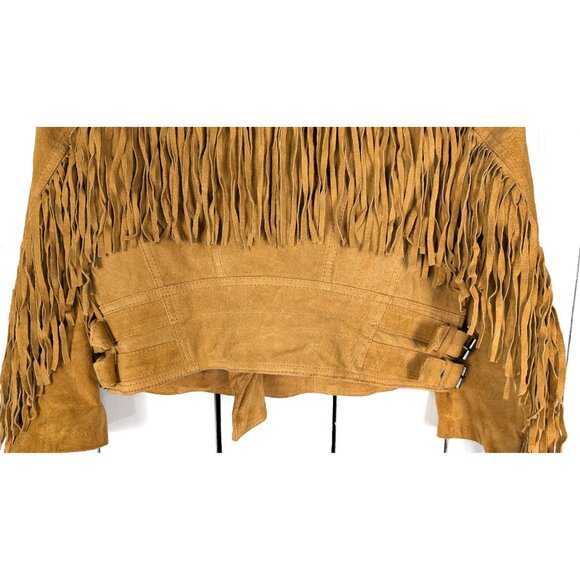 Vintage western tan brown suede leather cropped fringe boho motorcycle jacket - Picture 4 of 8